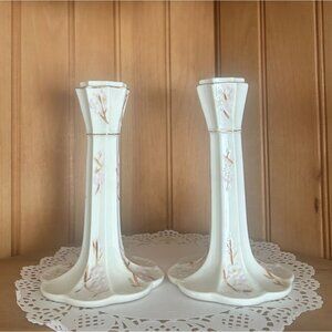Vintage Belleek Pottery Ireland 7th Mark Thorn Floral Candlestick Holders Pair